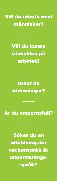 Utbildningen omfattar 2 år och genomförs på heltid, 100%. Undervisningsspråket är teckenspråk. Utbildningen är uppdelad på 4 terminer.