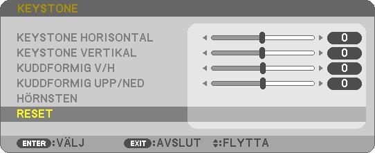 3. Behändiga funktioner Återställ justeringen av keystone och nåldyna till det ursprungliga värdet 1. Tryck på KEYSTONE-tangenten när menyn inte visas.