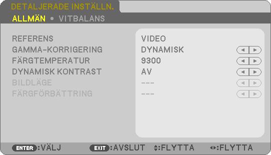❺ Menybeskrivningar och funktioner [JUSTERA] [BILDJUSTERING] 5. Använda skärmmenyn [FÖRINSTÄLLNING] Med denna funktion kan du optimera inställningarna för din projicerade bild.