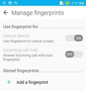 5. Tryck på Manage Fingerprints (Hantera fingeravtryck) och välj det skärmlåsalternativ du vill använda och följ instruktionerna på skärmen för att ställa in skärmlåset. OBS!