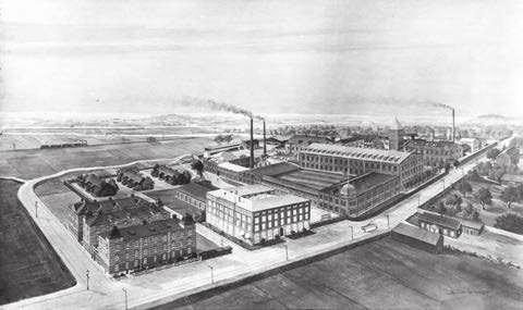 Gamlestadens Fabriker 1905. Till vänster företagets bostadshus och det nybyggda kontoret. las som hamn- och industriområde vid sekelskiftet och här anlades industrier från cirka 1910.