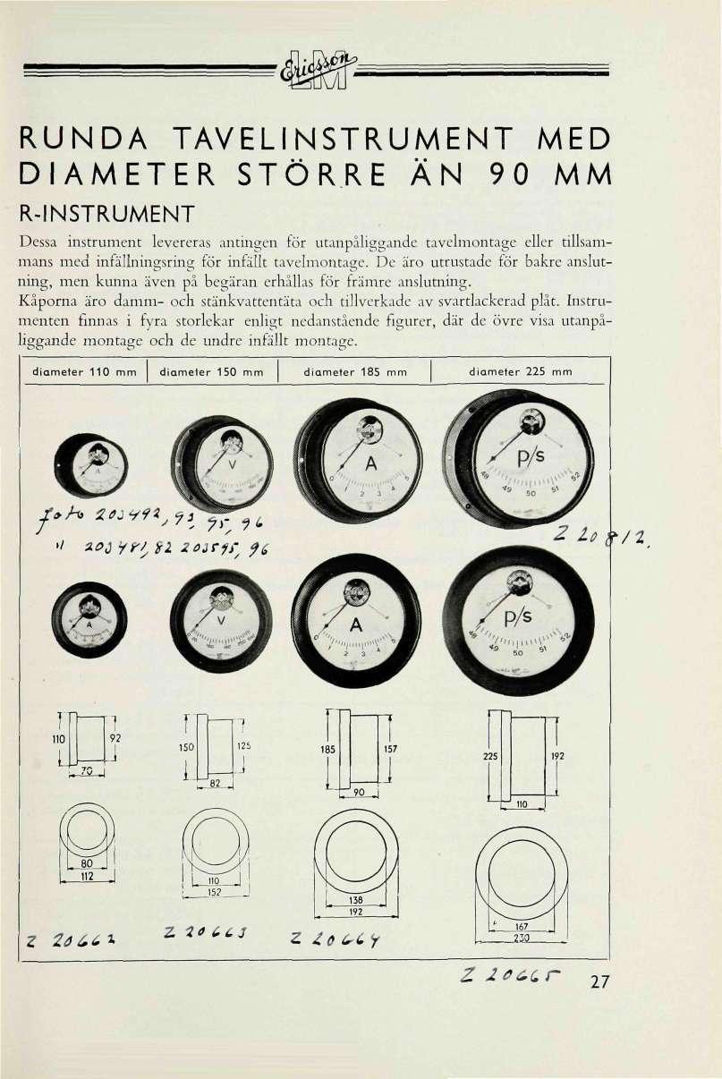 RUNDA TAVELINSTRUMENT MED DIAMETER STÖRRE ÄN 90 MM R-INSTRUMENT Dessa instrument levereras antingen för utanpåliggande tavelmontage eller tillsammans med infällningsring för infällt tavelmontage.