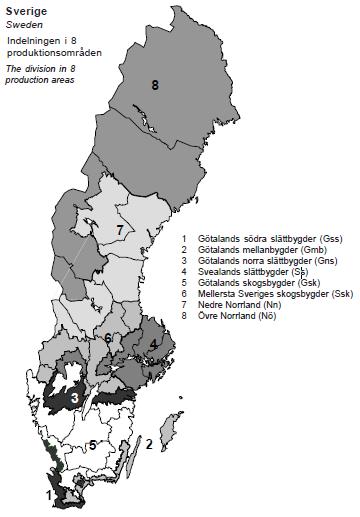 Figur 2. Sortprovningens områdesindelning (Sortval, 2013). Figur 3. Jordbruksverkets områdesindelning (Jordbruksverket, 2012).