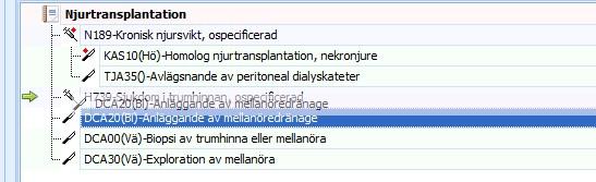 Markera en åtgärdskod (symbol kniv) vänsterklicka och håll nere muspekaren.