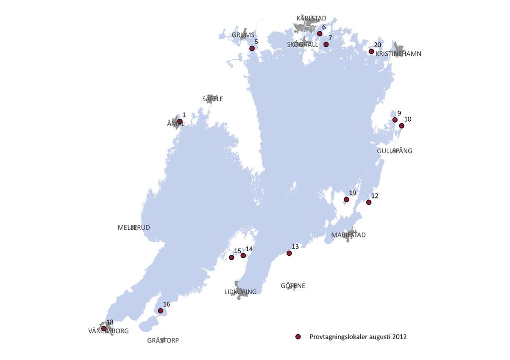 Figur 1. Karta över Vänern och de undersökta vikarna.