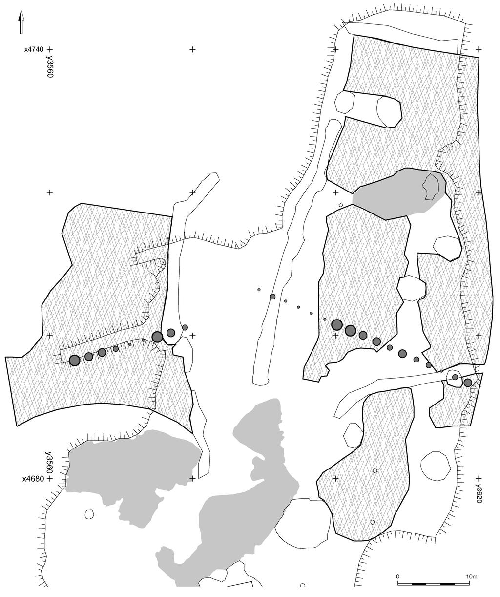 92 En gård från folkvandringstid i Arninge Fig. 23. Spridningsplan över fosfatprovtagning inom odlingsområdet.