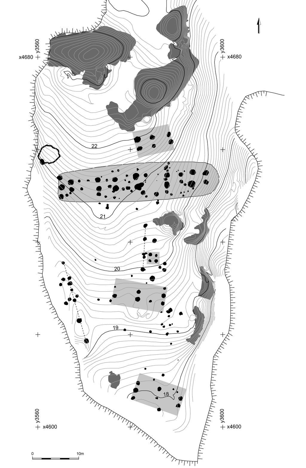 Fig. 4. Terrängmodell över boplatsområdet med ett urval av anläggningar.