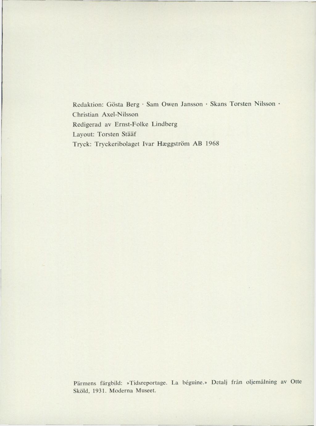 Redaktion: Gösta Berg Sam Owen Jansson Skans Torsten Nilsson Christian Axel-Nilsson Redigerad av Ernst-Folke Lindberg Layout: Torsten Stääf Tryck: