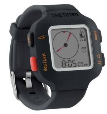 Klocka TimeTimer Watch* Klocka med tre funktioner: klocka, timer och alarm. Den har både ljud och vibrationslarm. Det går att välja vilket larm man vill ha. Det finns två olika storlekar.