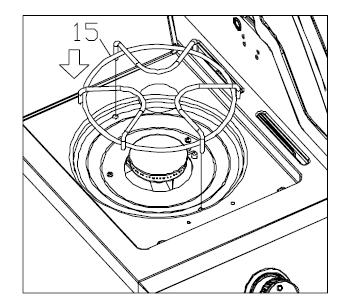 Steg13: Placera sidobrännarens galler (15) på sidobrännarens hylla Steg 14: