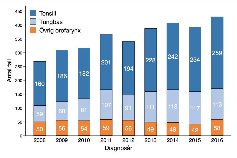 Klinisk stadieindelning Orofarynx p16-positiva tumörer N0 N1 N2 N3 T1 I I II III T2 I I II III T3 II II II III T4 III III III III M1 är alltid stadium IV 14.9.1.3 Epidemiologi och incidens Under åren 2008 2016 rapporterades 3 222 nya fall av orofaryngeal cancer, varav 429 fall 2016.