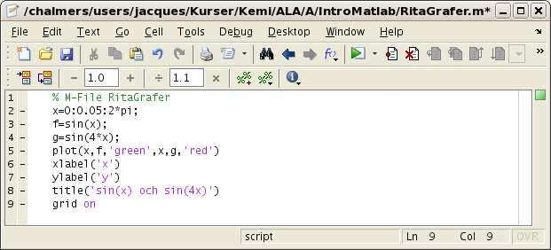 Vi gör en M-File som ritar graferna från exempel 3. Spara kan man göra under File och köra under Debug.