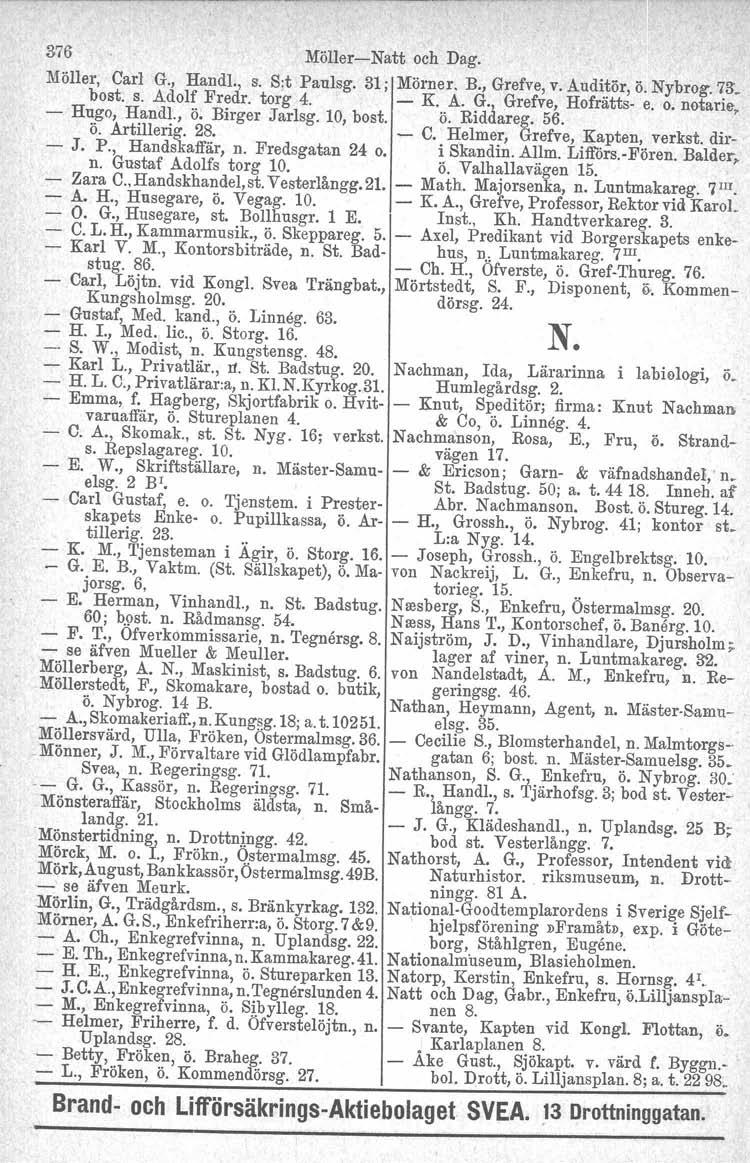 0- Helmer, 376 Möller-Natt och Dag. MöIler, Carl G., Handl., s. S:t Panlsg. 31; Mörner. B., Grefve, v. Auditör, ö. Nybrog. 73'. bost. s. Adolf Fredr. torg 4. - K. A. G., Grefve, Hofrätts- e. o. notarie, - Hugo, Handl.