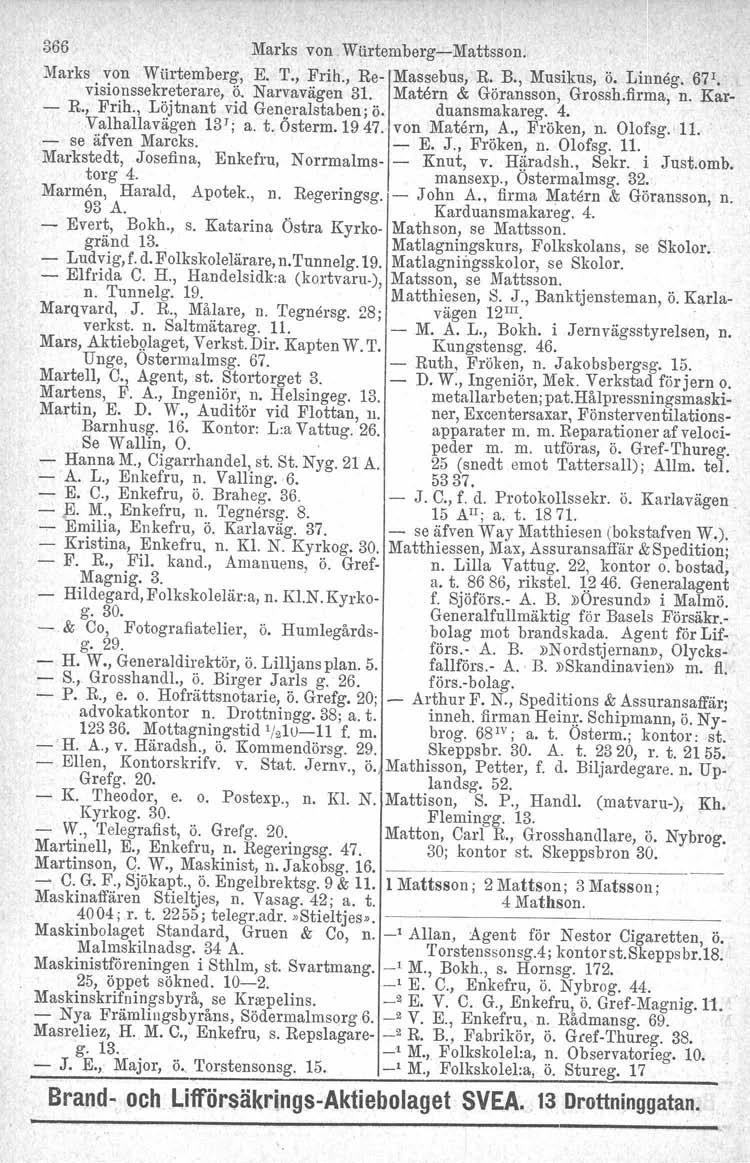 366 Marks von. Wlirtemberg-Mattsson. Marks von Wttrtemborg, E. T., Frih., Re- Massebus, R. B., Musikus, ö. Linneg. 671 visionssekreterare, Ö. Narvavägen 31. Matern & Göransson, Grossh.firma, n. Kar.