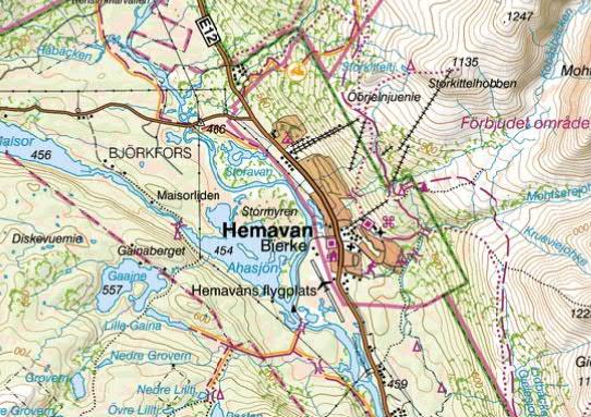Bild 2: Översikt över Hemavan. Planområdets läge markeras med röd pil (www.metria.se) 6.1 TOPOGRAFI Området sluttar mot söder.