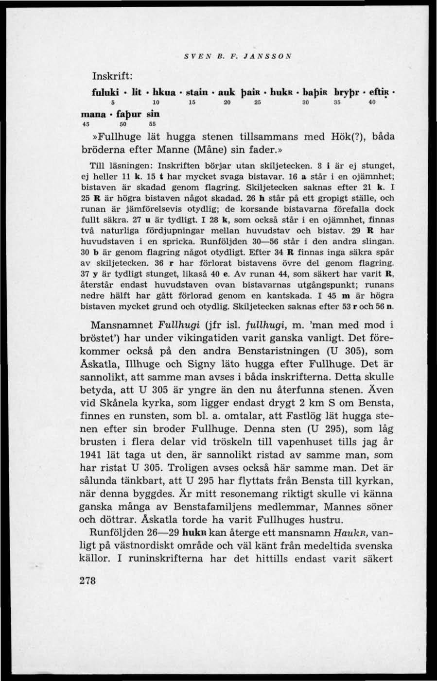 Inskrift: SY EN B. F. J AN SSO N fuluki lit hkua stain auk pair hukr bapir brypr eftir 5 10 15 20 25 30 35 40 mana fapur sin 45 60 55»Fullhuge lät hugga stenen tillsammans med Hök(?