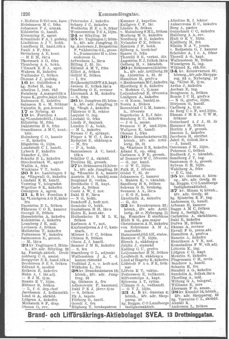 1226 Kommendörsgatan. v. Hofsten B Erl:son, kass. Petersohn J, änkefru Kemner J, ka.pellm. Afzelius R, f. lektor Holstenson M O, frkn Scharp J 0, änkefru KulIgren C F, lär.