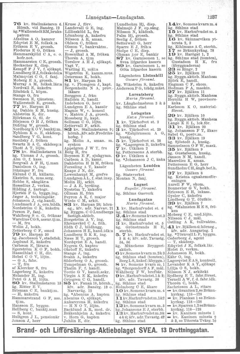 76 kv. Stallmästaren 6. Kruse J, förv. Hörnh. vid Banerg. 12 Landevall G E, ing. äg.*wallersted trm,brukspatron Lilliesköld L, fru Afzelius A O, kamrer Edqvist E M, folksk.:a Erikson E.V, grossh.