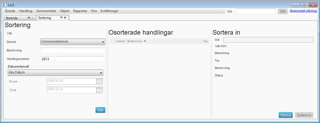 6. Sortering 6.1 Inledning Sortering innehåller funktioner för att sortera in fristående registrerade handlingar till ärenden eller objekt.