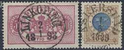 and partly reperforated, but very scarce cancel on 3 öre type 1. 500:- 479 21 Danish numeral cancellation 2 (Christianshavn). One short perf. Very unusual pmk on Swedish stamps.