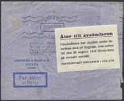 45, Granskad av militärmyndighet in red, and censored. The consignor, Helmuth Leissner was transferred to Soviet Union, therefore returned the sender, not avrest, cancellation Eksjö 5.12.45. 500:- Internment of German Soldier.