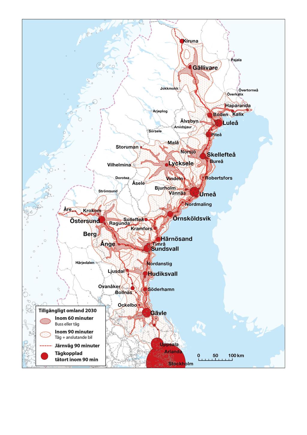4.3 Inbördes överlappande regioner skapas och ger starkt ökat samspel och dynamik Figur 4.3:1 visar att merparten av norra Sverige kan inkluderas i ökat samspel.
