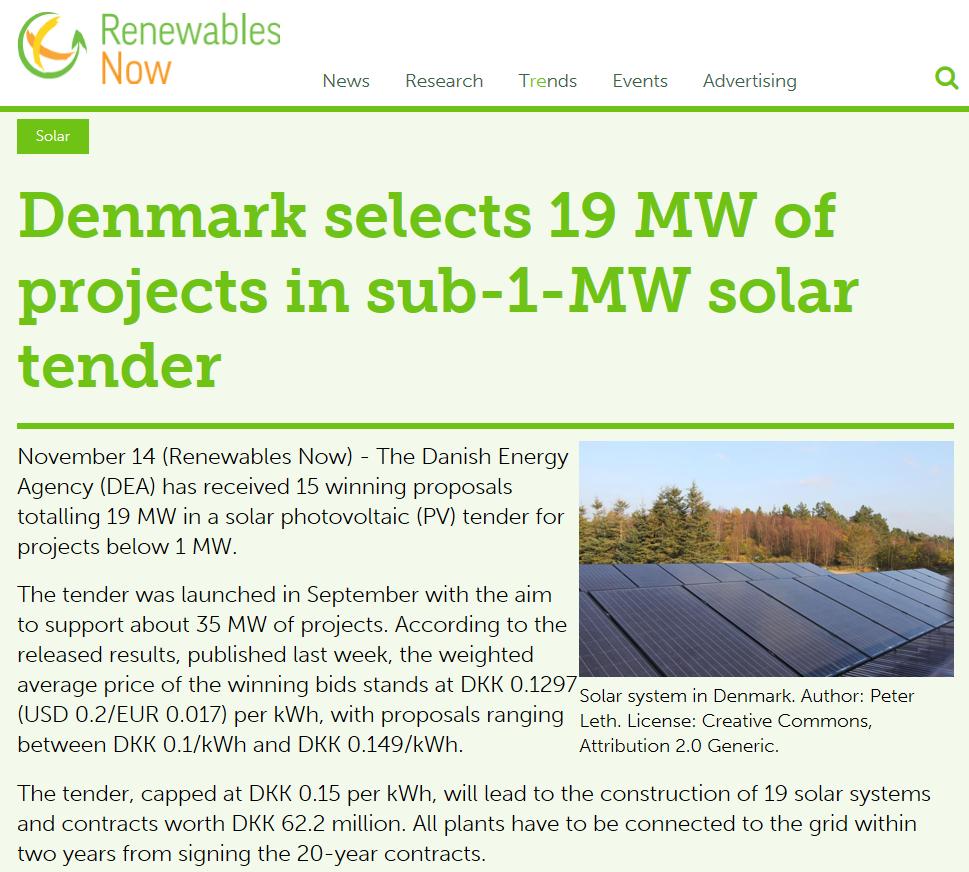 Dansk solelauktion 1 MW-anläggningar 10,0-14,9 danska ören/kwh = 13,8-20,5 svenska ören/kwh* under 20 år, utöver