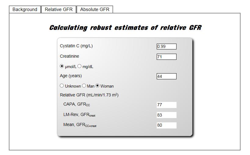 2019 02 01 10 6(15) Beräkning av relativt och absolut GFR 1. Beräkna ett relativt GFR genom att gå in på hemsidan www.egfr.se och välj fliken Relative GFR [9]. 2.