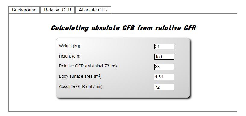 2019 02 01 10 7(15) 3. Beräkna ett absolut GFR genom att gå in på fliken Absolute GFR. 4. Skriv in följande uppgifter: Beräkna relativt GFR (se punkt 1 och 2).