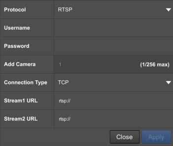 For RTSP Protocol A. Type the Username and Password of the desired IP camera. B. Select TCP or UDP under Type of Connection. C. Type the RTSP URL to enable Stream1 and Stream2.