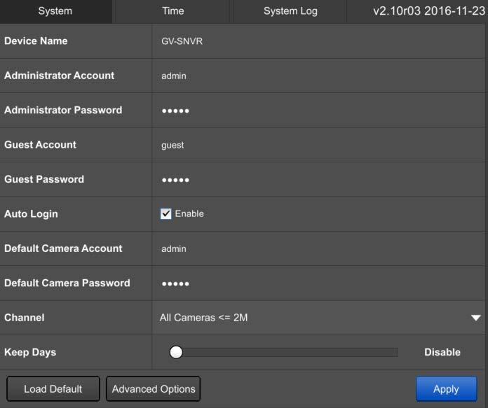 3 System Configuration 3.7 System On the System page, you can change the device name of GV-SNVR and login information. You can also access the time settings and system log.