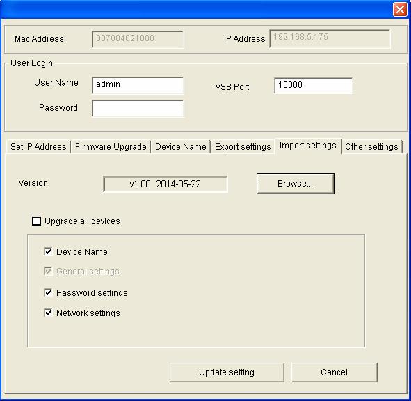 6 Remote Access to the GV-SNVR To restore the settings: 1. In Figure 6-5, click the Import Settings tab. This dialog box appears. Figure 6-6 2. Click the Browse button to locate the backup file (.