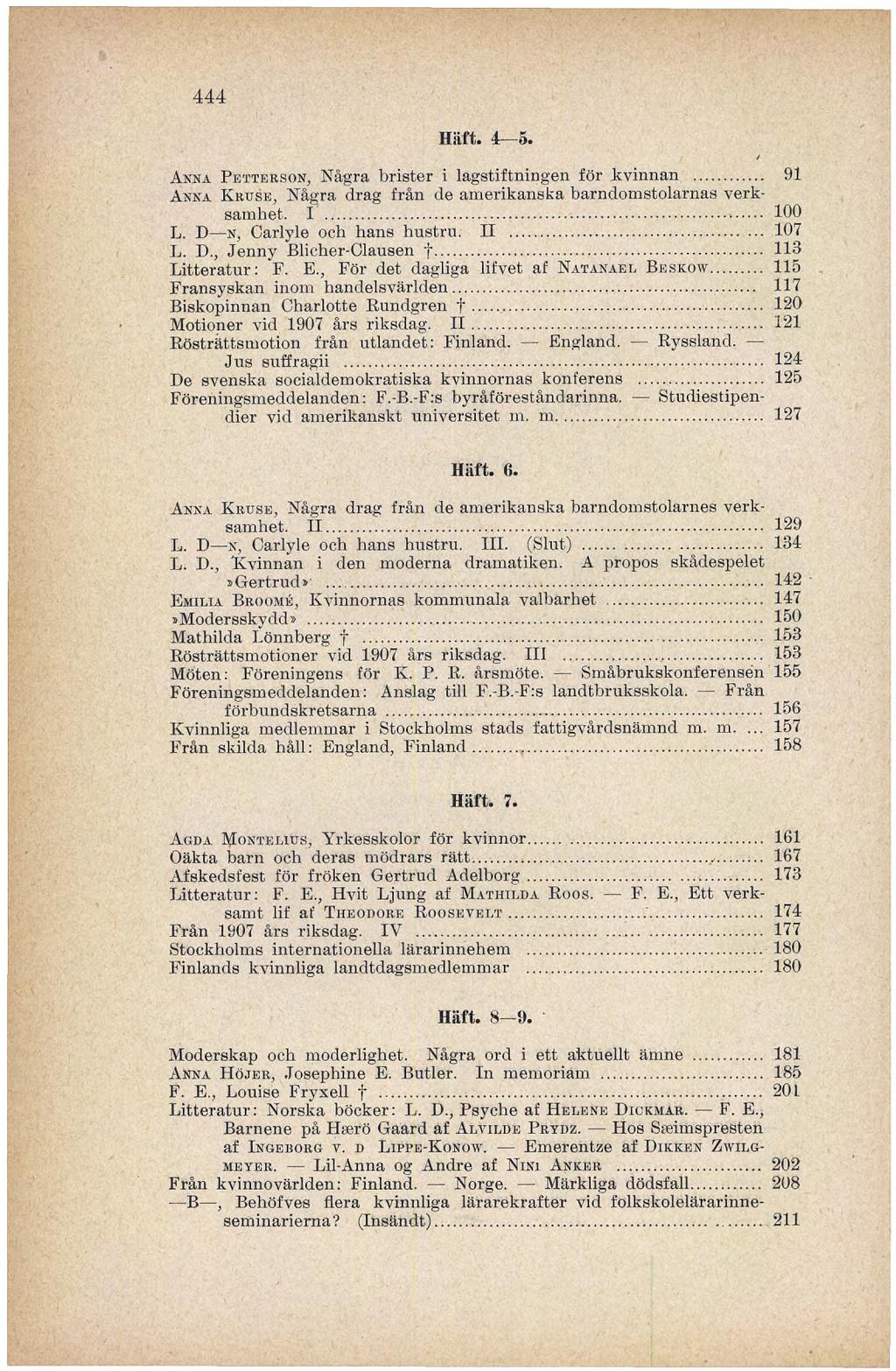 444 Hilft. 4 5. Akna Petterson, Några brister i lagstiftningen för kvinnan... 91 Anka Kruse, Några drag från de amerikanska barndomstolarnas verksamhet. I... 100 L. D N, Carlyle och hans hustru. II.