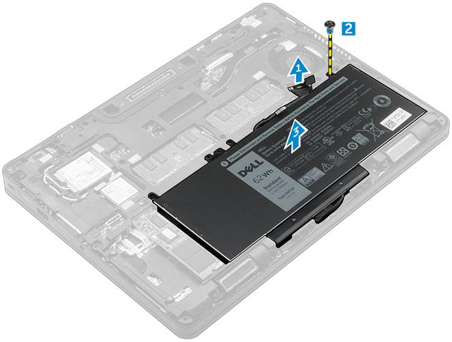 4. Dra bort kabeln från kabelhållaren [1] och ta bort kabeln från batteriet [2]. OBS: Det här steget gäller endast för ett 4-cellsbatteri.