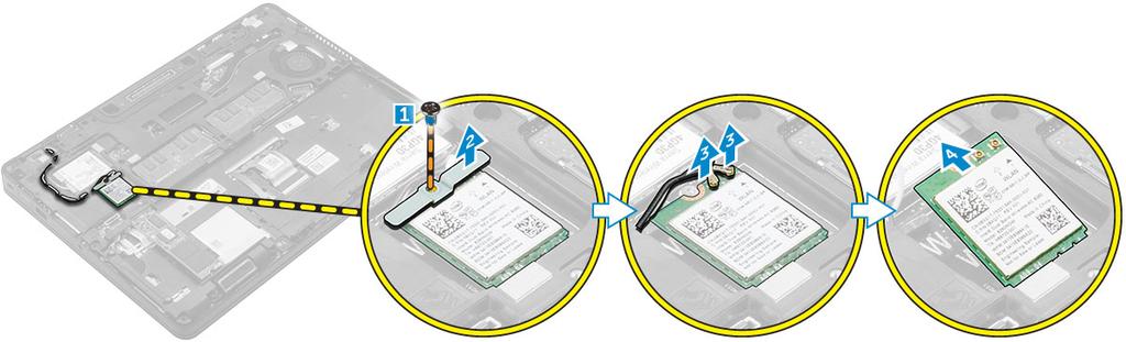 b. batteriet 3. Ta bort WLAN-kortet genom att: a. Ta bort skruven som håller fast metallfästet på WLAN-kortet [1]. b. Ta bort metallfästet [2]. c.