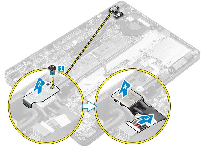 Installera strömkontaktporten 1. Skjut in strömkontaktporten i öppningen på datorn. 2. Placera metallfästet på strömkontaktporten. 3. Dra åt skruven som håller fast strömkontaktporten i datorn. 4.