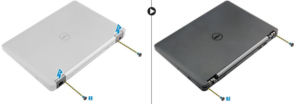 Ta bort bildskärmsmonteringen 1. Följ anvisningarna i Innan du arbetar inuti datorn. 2. Ta bort: a. kåpan b. batteriet c. WLAN d. WWAN 3. Så tar du bort fästena för bildskärmsgångjärnen: a.