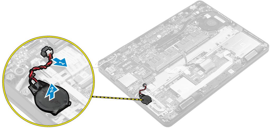 Installera knappcellsbatteriet 1. Placera knappcellsbatteriet i facket på moderkortet. 2. Anslut knappcellsbatteriets kabel till kontakten på moderkortet. 3. Installera: a. batteriet b. kåpan 4.