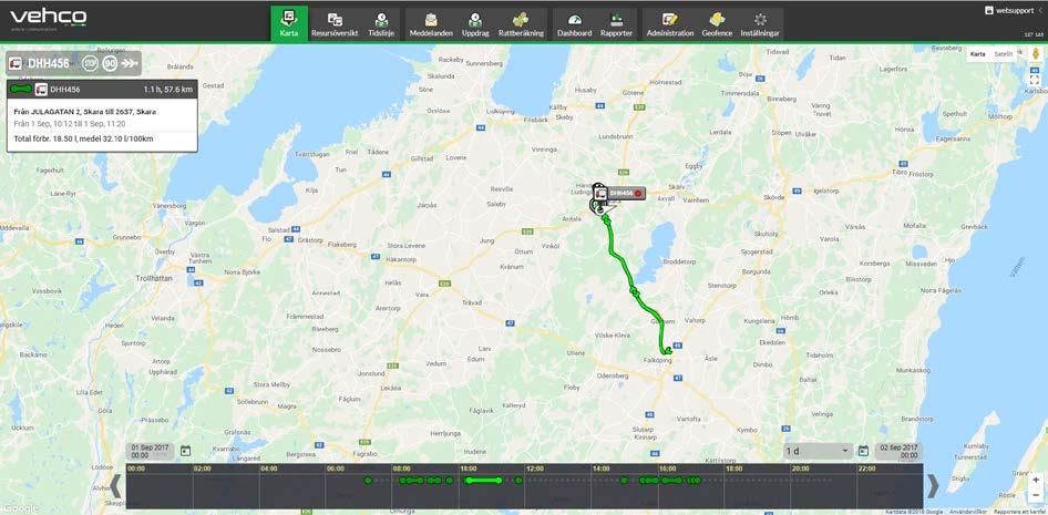 Figur 7. Bilden visar exempel på en historisk spårning tur-retur Julas centrallager i Skara.