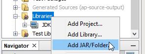 Lägga till JDCanvas libbet Högerklicka på Libraries i ditt projekt och välj Add Library... Vi letar sedan reda på filen JDCanvas.jar och väljer den.