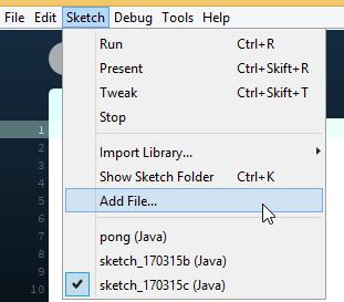 Rita ut en bild från en fil. Först ska man välja vilken fil som man ska tira ut och lägga till den till projektet/sketchen. Detta gör man enklast genom att välja sketch->add File.