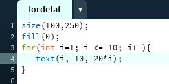 Mer om variabler Ett exempel med float, int, for och heltalsdivision För att visa på ett fenomen som kan tyckas lite märkligt i Processing/Java ibland så