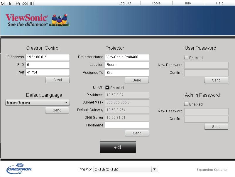 The tools page allows you to manage the projector, configure the LAN control settings and secure access of remote network operation on this projector. iv vi viii v vii ix x iv.