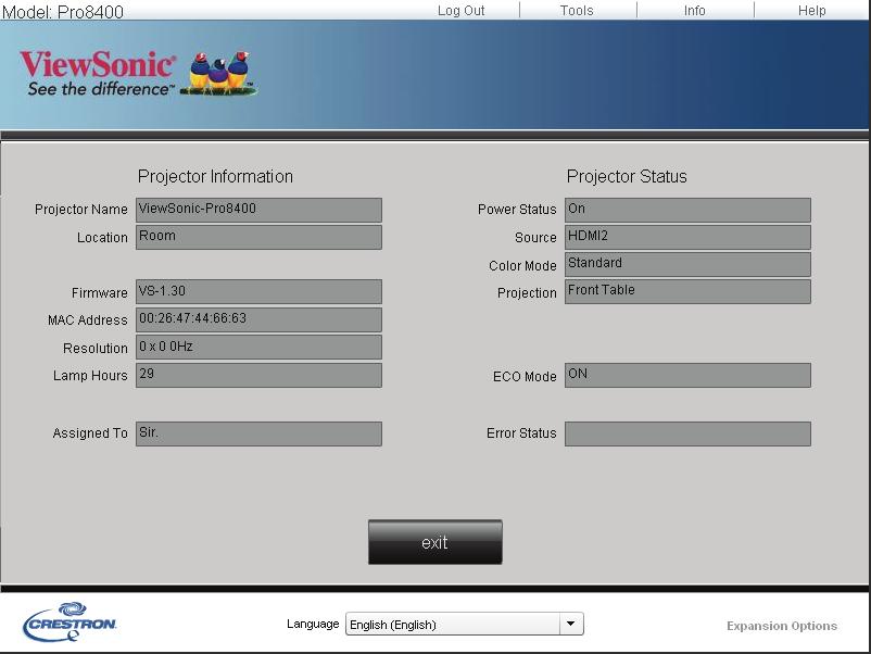 The info page displays the information and status of this projector. Press Exit to go back to the remote network.