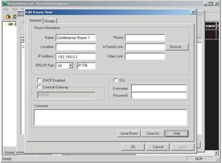 **Crestron RoomView On the "Edit Room" page, enter the IP Address (or hostname) as shown on the projector's on-screen display (OSD) menu, and "05" for IPID, "41794" for the reserved Crestron control