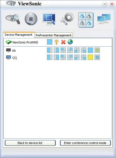 6. You can manage the connected projectors listed under Device Management. Under a conference mode: 1.