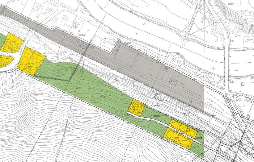47 (122) Figur 11 Schematisk skiss över det planerade stationsområdet i Knäred. I bilden har föreslagen anslutning för gång- och cykel angivits i blått.