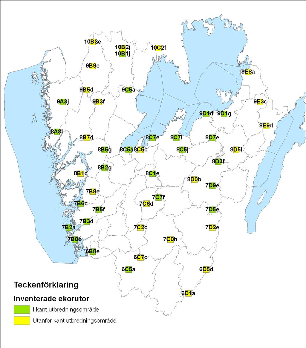 Figur 1. Inventerade ekorutor inom och utanför det tidigare kända utbredningsområdet.