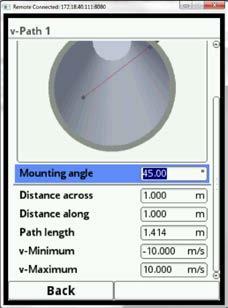 Bruksanvisning NivuFlow 600 Fig. 23-4 Monteringsvinkel exempel 45 23.2.4 Transvers distance, Distance along och spårlängd Dessa parametrar och justeringar är endast avsedda för servicepersonal 23.2.5 Viktning Vid mätning med 2 eller fler spår måste relevansen för varje varje mätspårsresultat definieras för beräkningen av den genomsnittliga totala hastigheten.