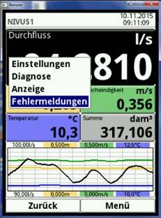 Bruksanvisning NivuFlow 600 Fig. 30-5 Val och visning av felmeddelanden 30.2 Display nivå Endast displayparametrar kan ändras här då nivån inte kan ändras i NivuFlow 600 (endast fyllda rör). 30.3 Display flödeshastighet Denna dialog ger direkt access till inställningarna för flödeshastighetssensorerna.